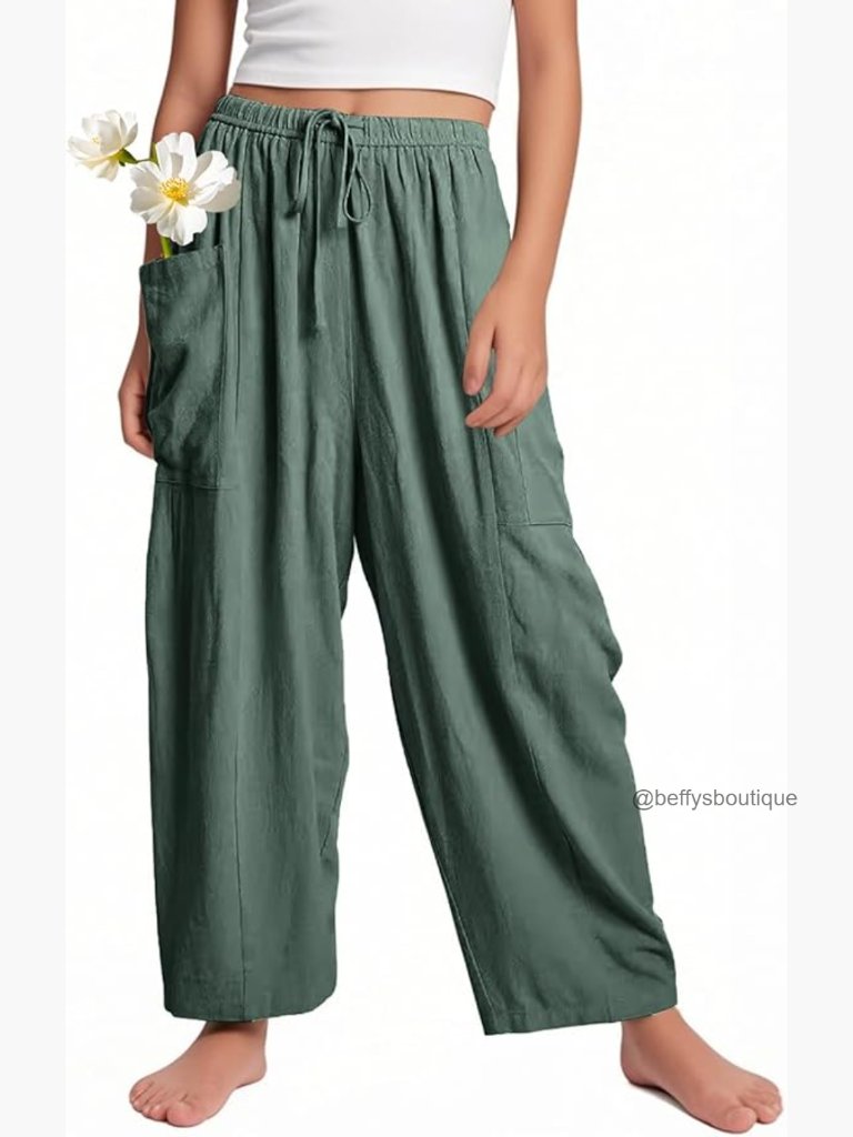 Girls Wide Leg Palazzo Pants Flowy Elastic Waist Harem Trousers With Pockets